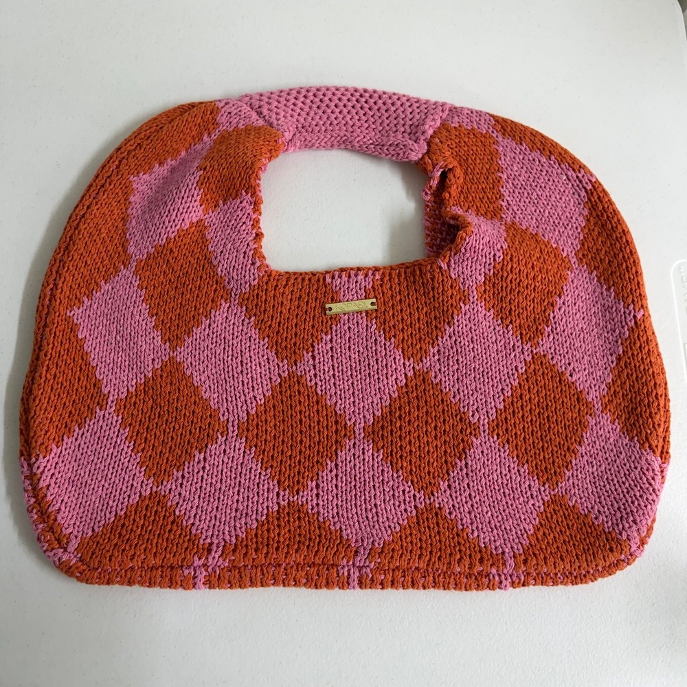 Kopari Knitted Argyle Shoulder Bag pink orange woven slouchy hobo handbag purse